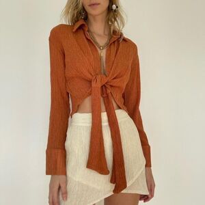 Savannah Morrow Vea Blouse in Papaya NWT XS Silk Long Sleeve Tie Front Crop Top